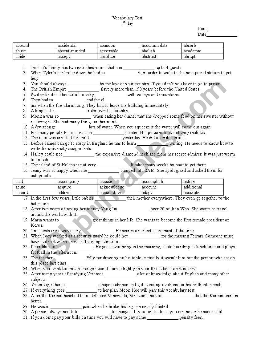 Vocabulary Test Day 1 (LinguaForum)