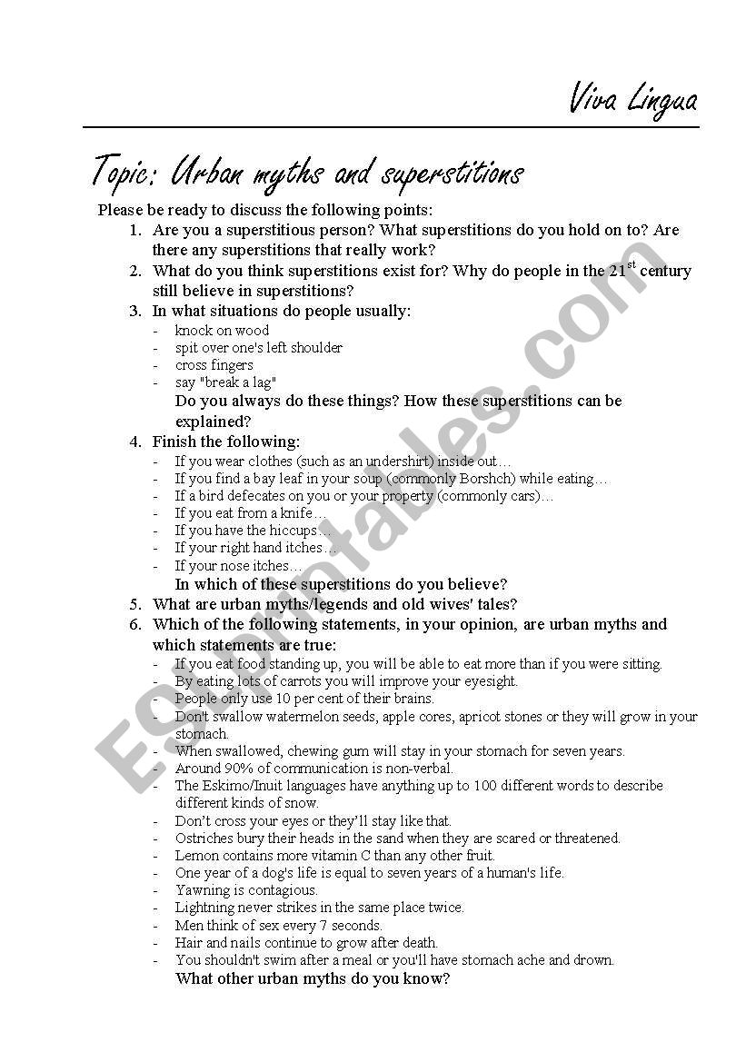 Urban myths and superstitions worksheet