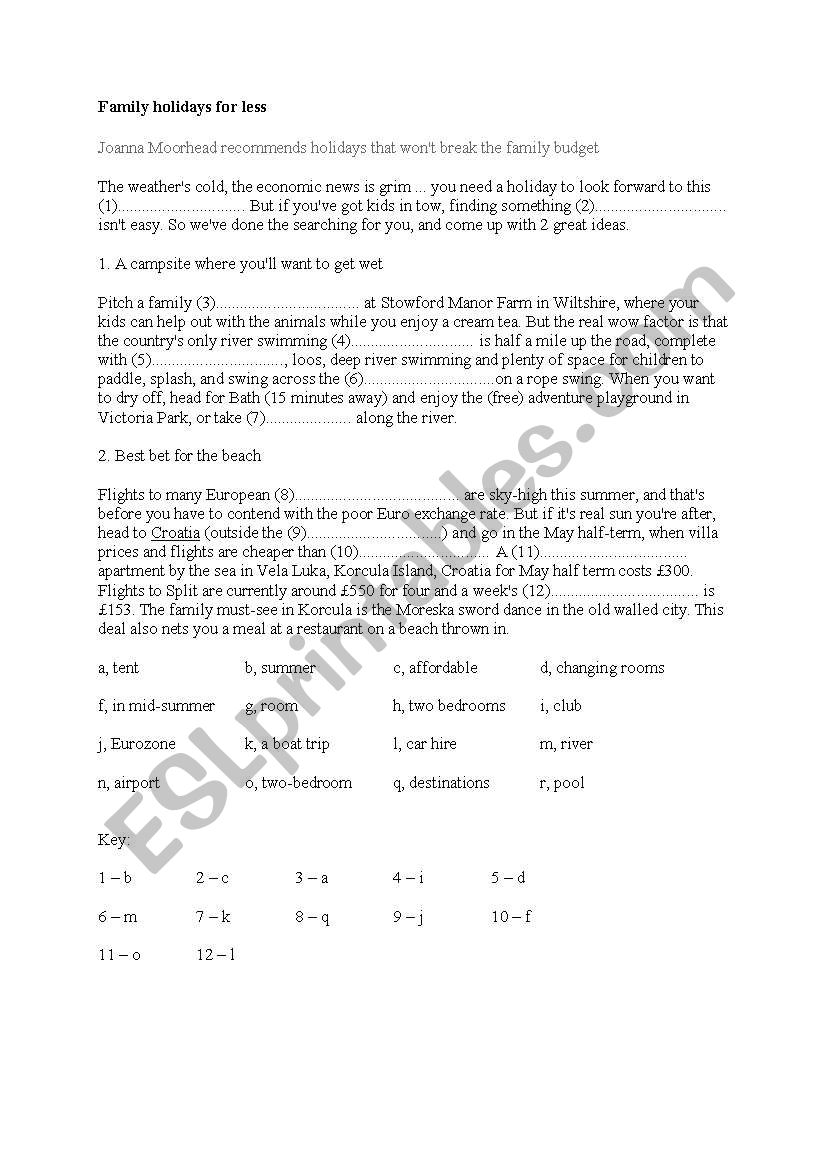 Family Holidays worksheet