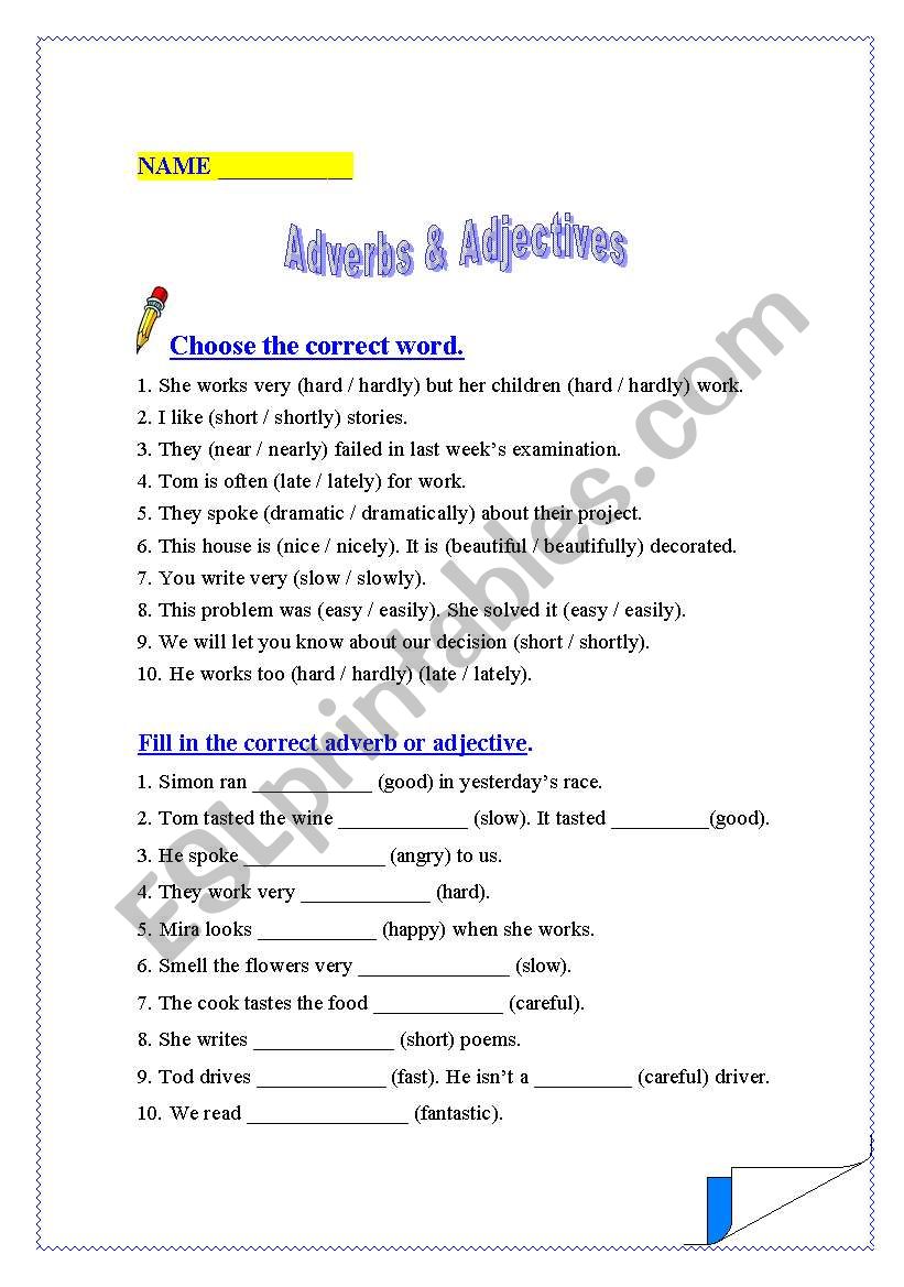 Adjectives + Adverbs worksheet