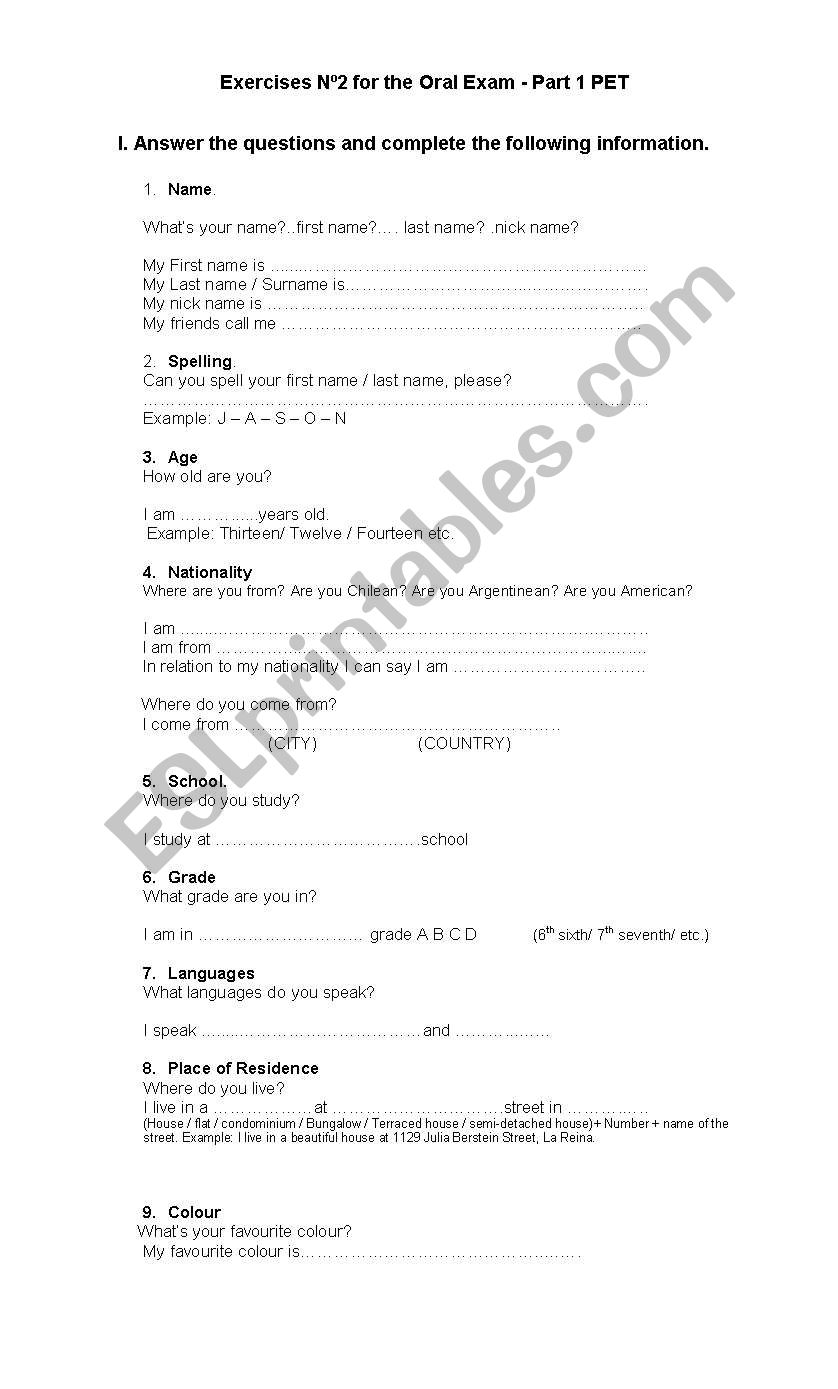 PERSONAL INFORMATION PET 2 worksheet