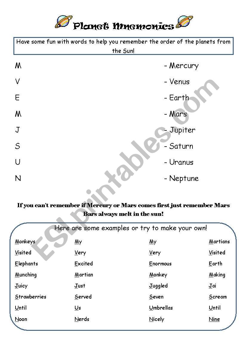 Planet Mnemonics worksheet worksheet