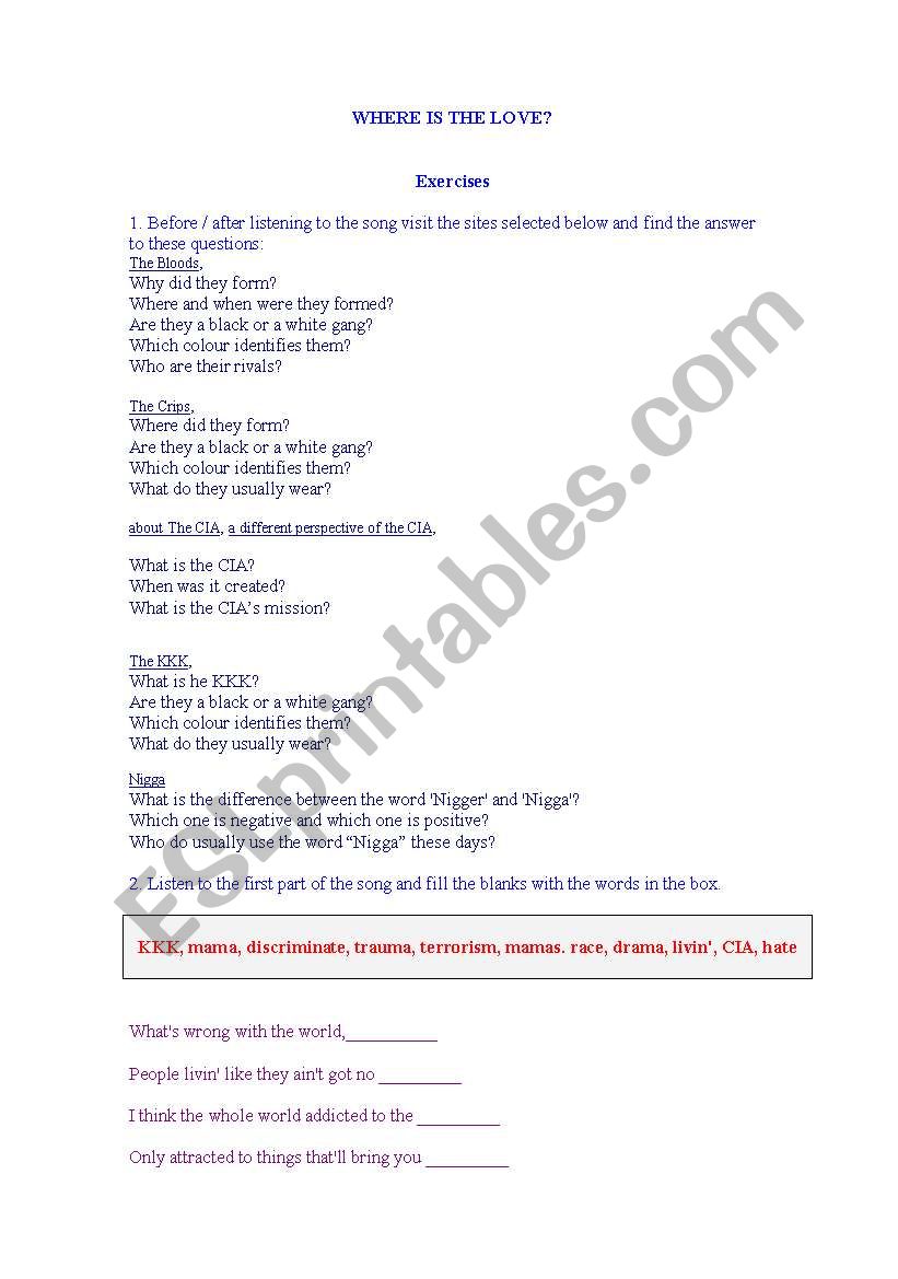 song where is the love worksheet