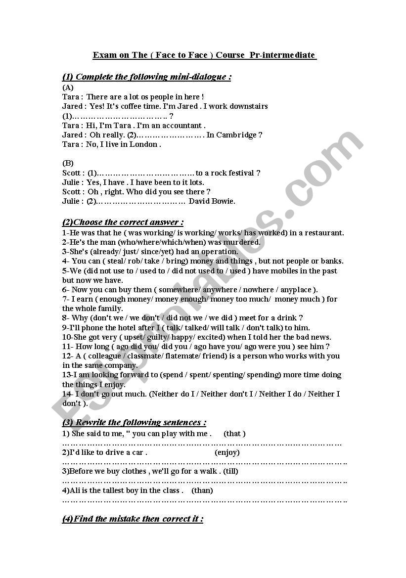 Exam on the face to face ( pre-int.) course