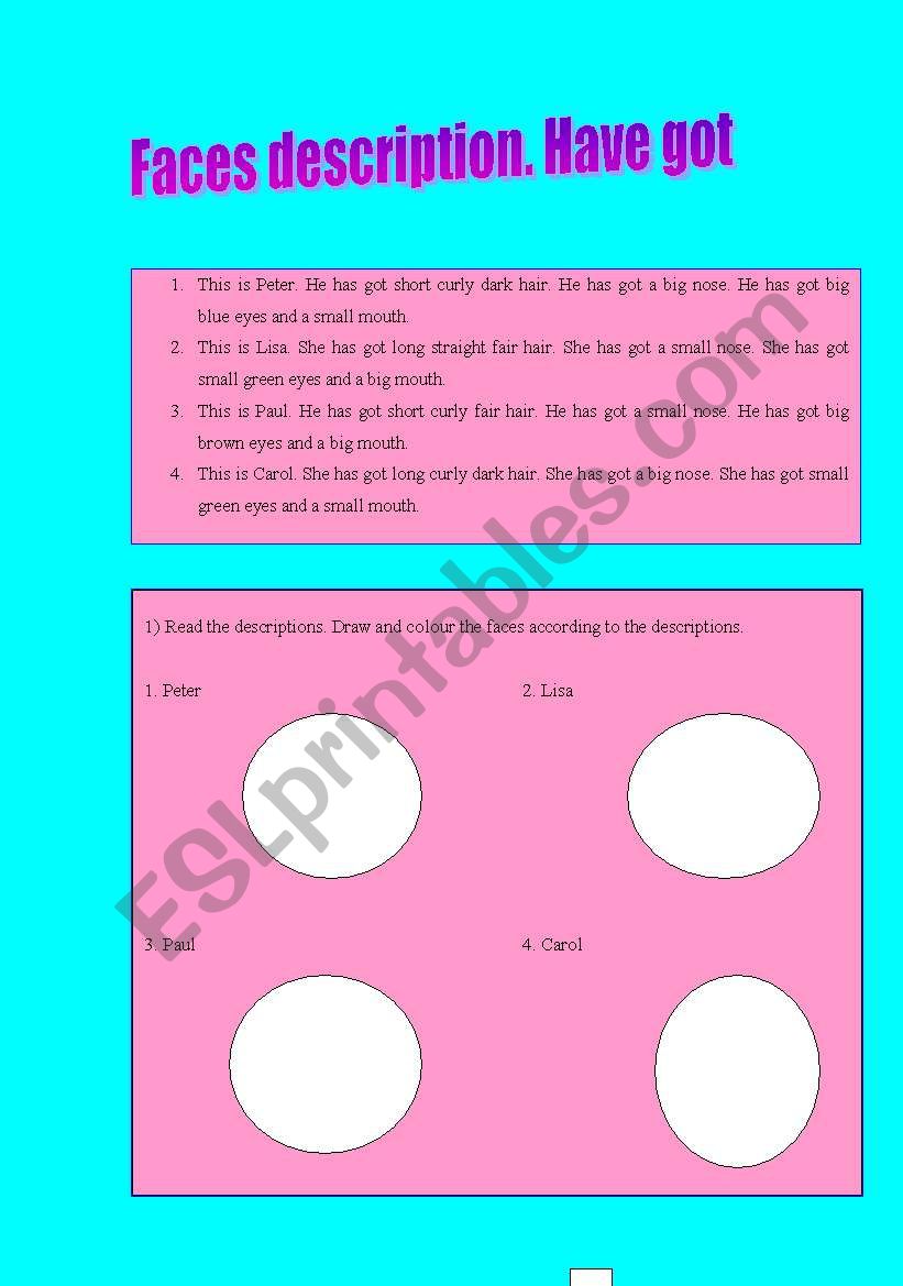 Faces description. Have got worksheet