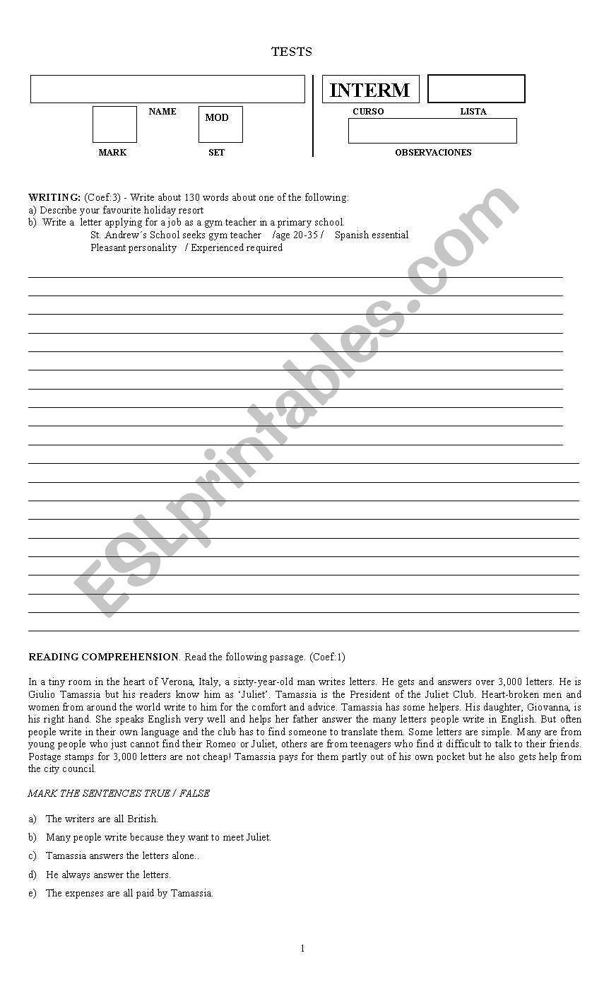 INTERMEDIATE TEST worksheet