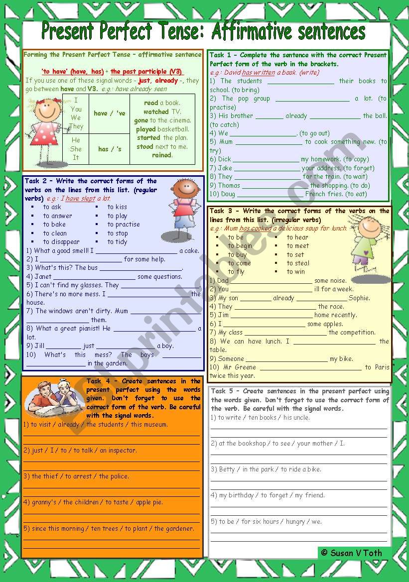 Present Perfect Tense in green - affirmative sentence * elementary * grammar guide + 5 task * B&W *with key * fully editable