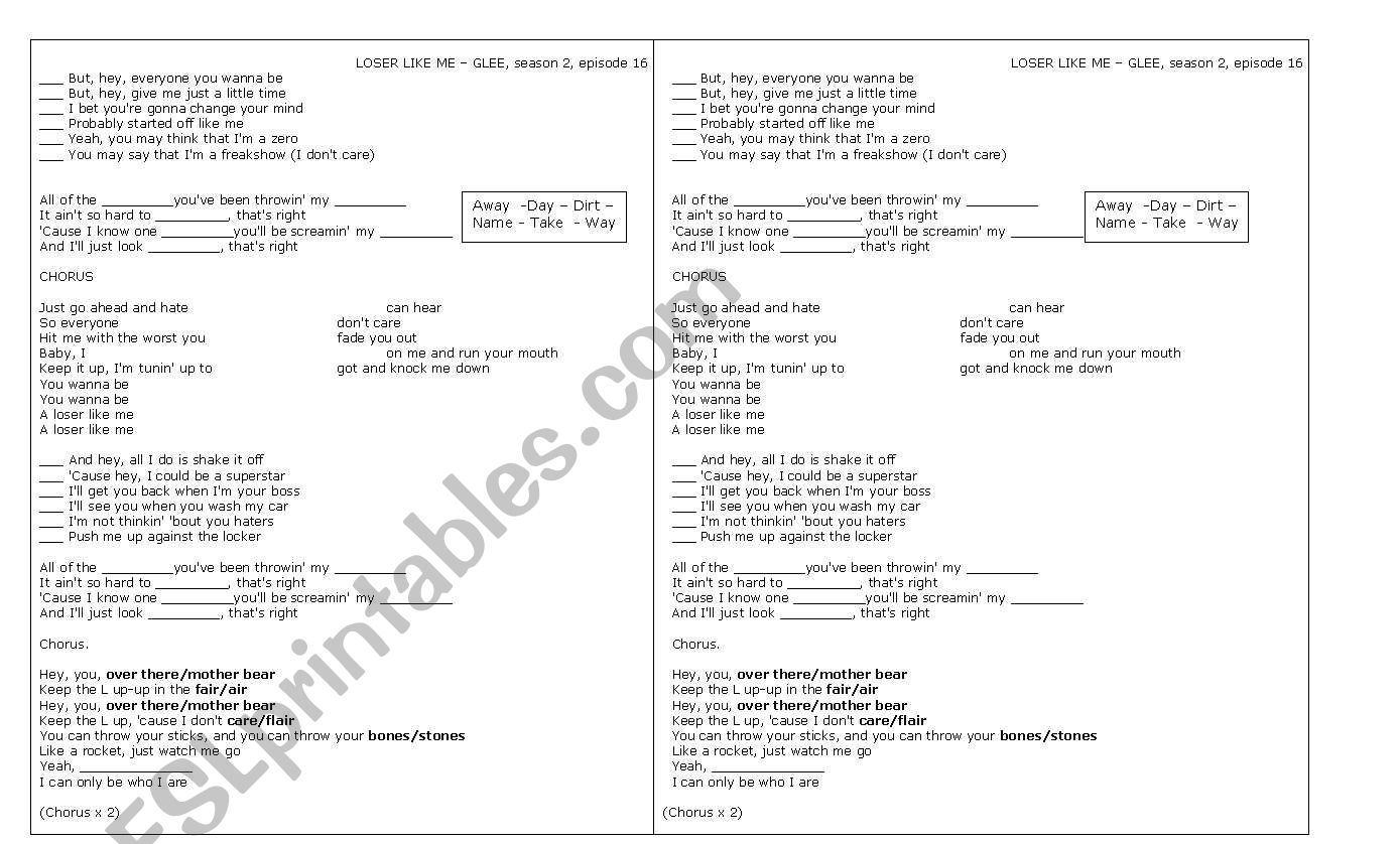 Loser like me - song worksheet