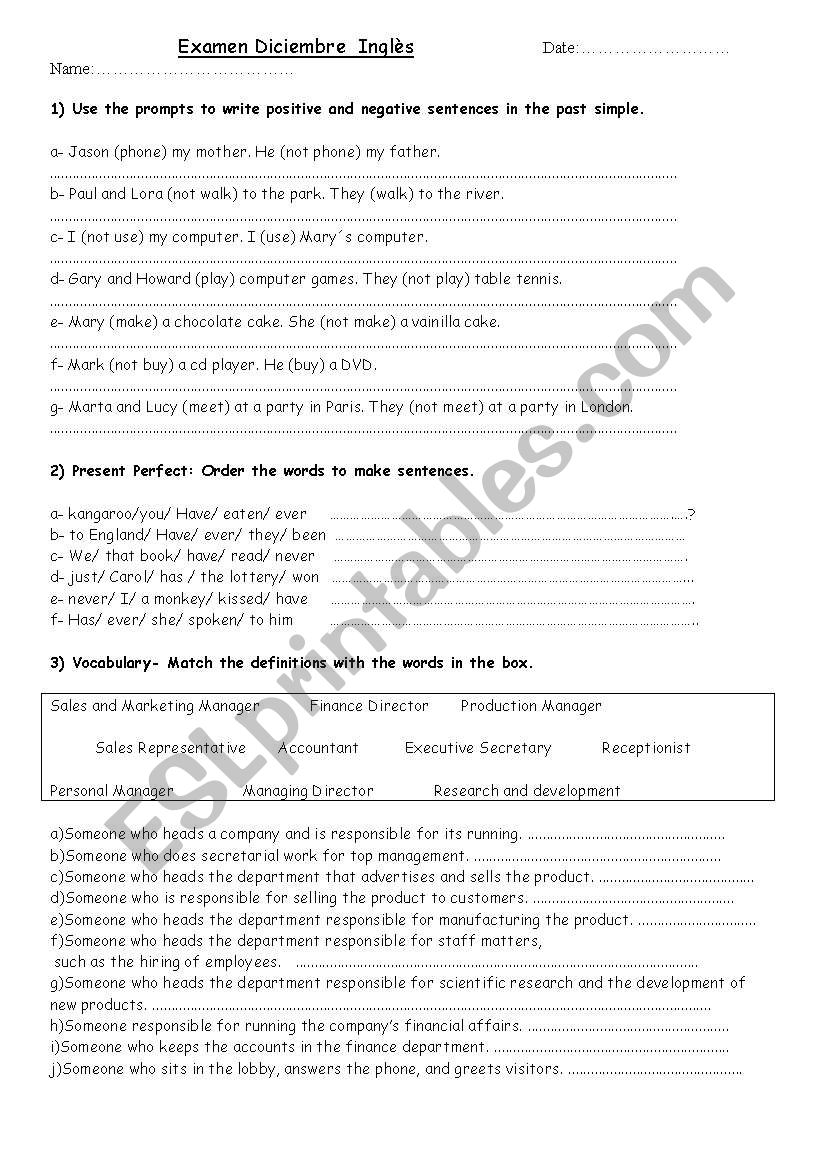 Present perfect test worksheet