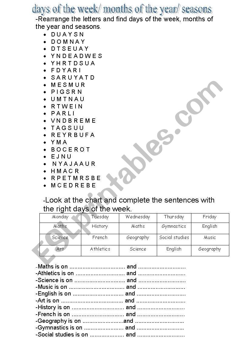 Days weeks and seasons worksheet