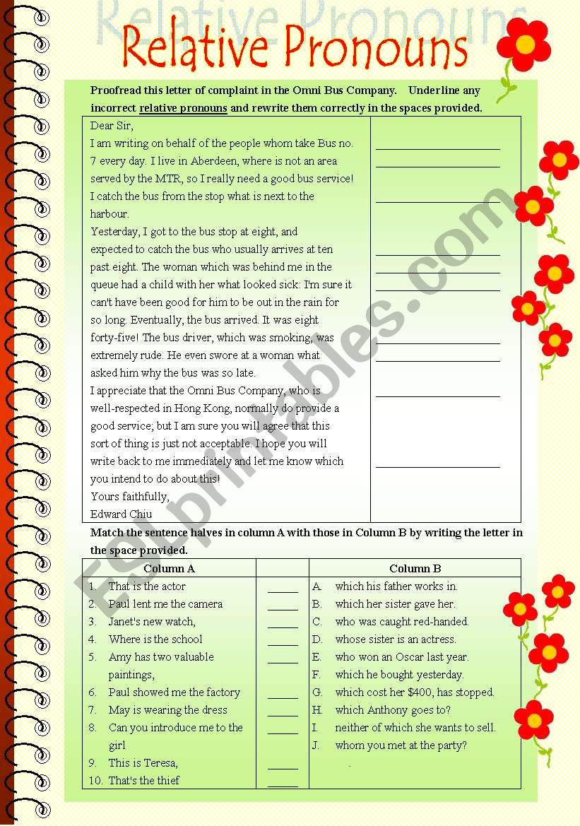 Relative Pronouns in context (complaint letter and matching)