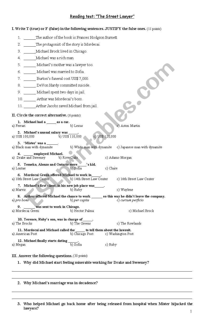 The street lawyer test worksheet