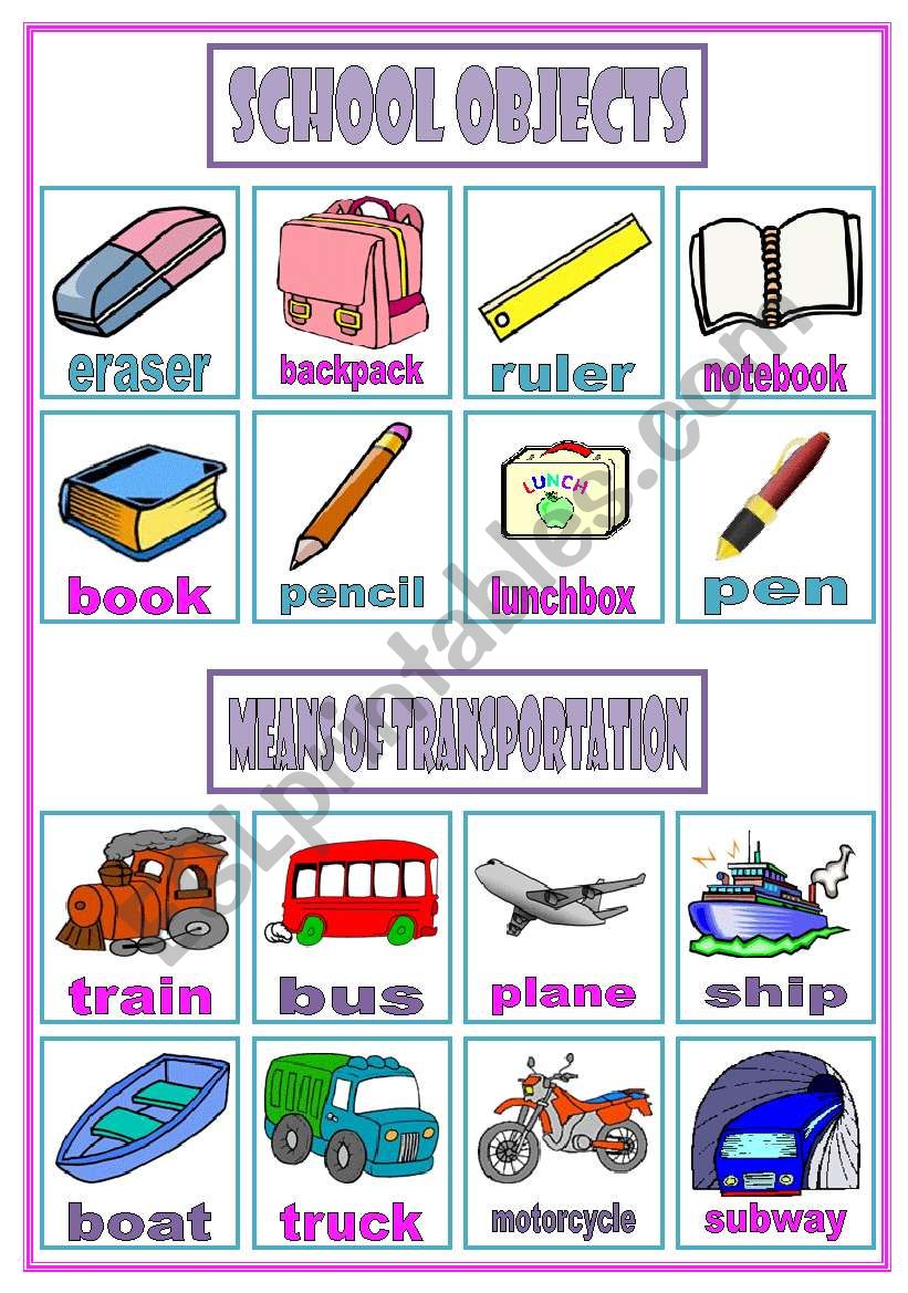 In / Out Game ( vocabulary review)  school objects  means of transportation  clothing  rooms of a house  3 pages  teachers handout with directions  editable