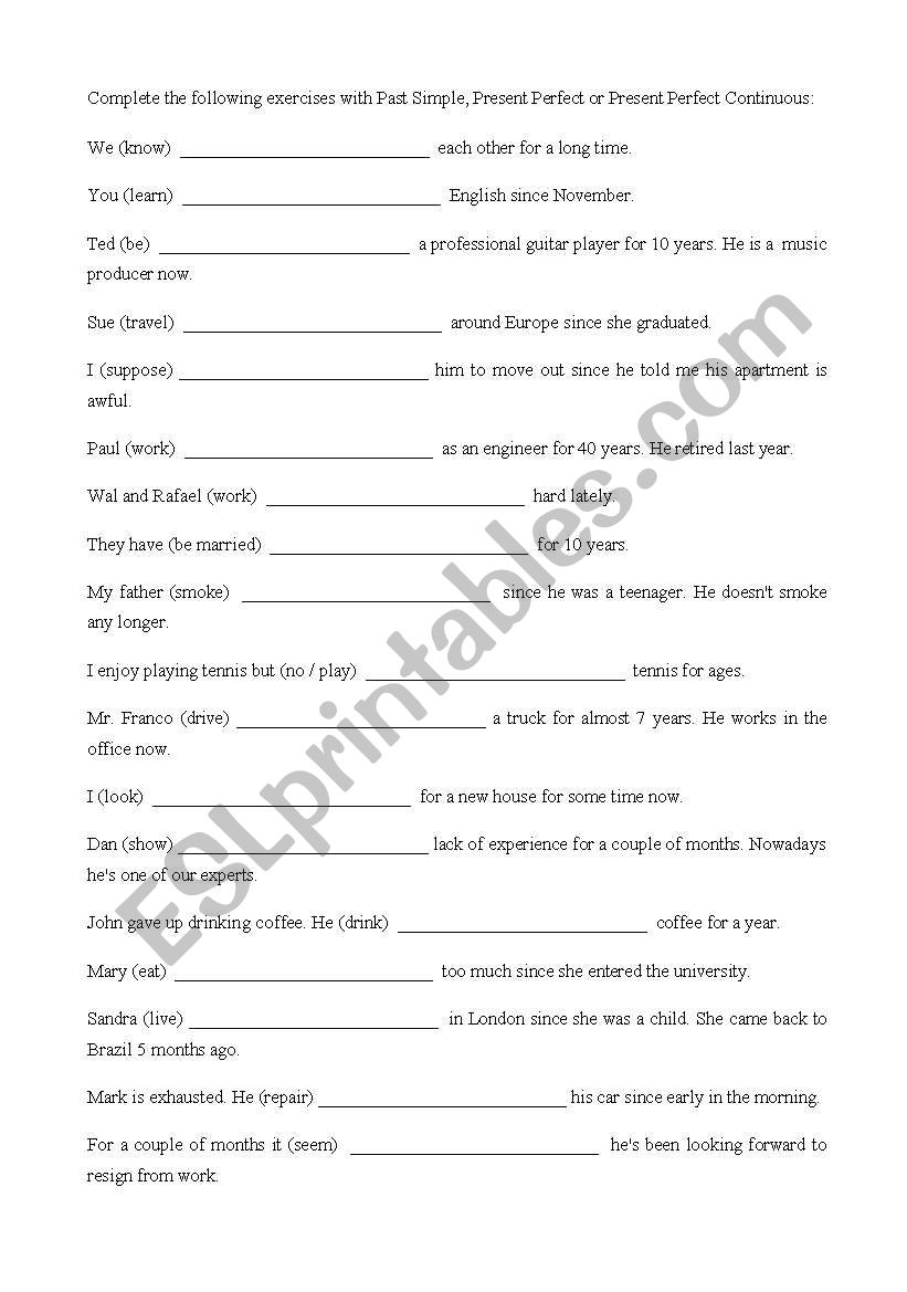 The use of FOR and SINCE worksheet