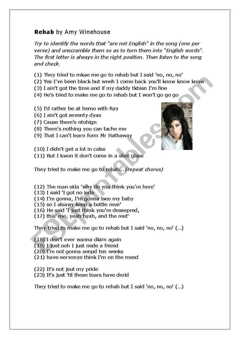 Rehab by Amy Winehouse worksheet
