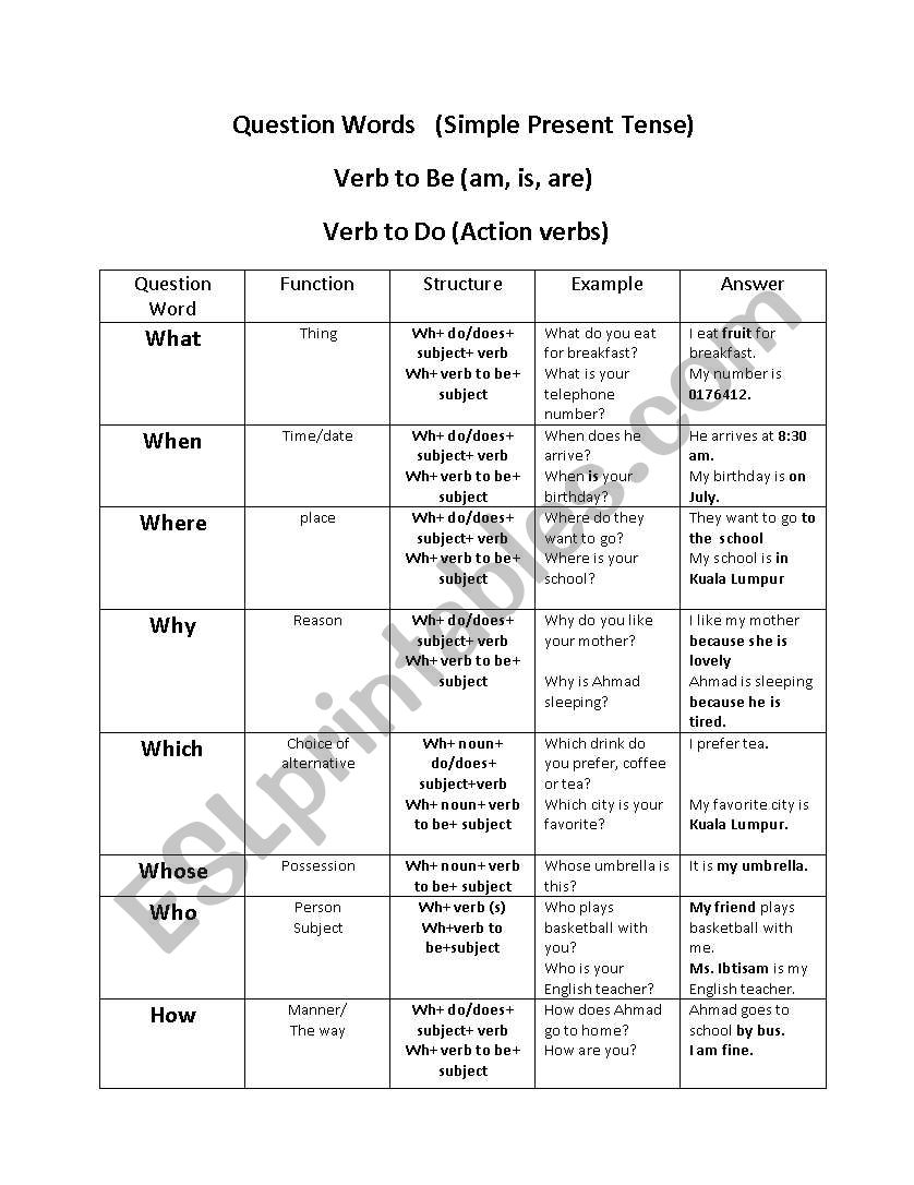 Wh Word Questions worksheet