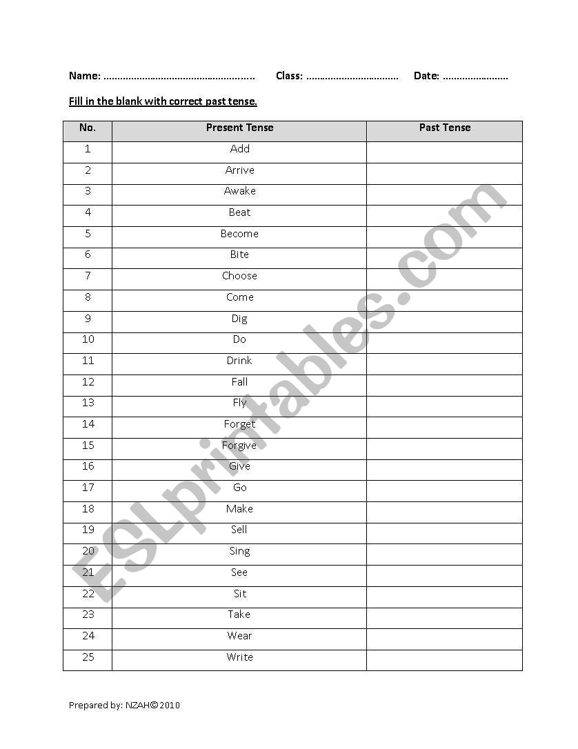 Past Tense Verb worksheet