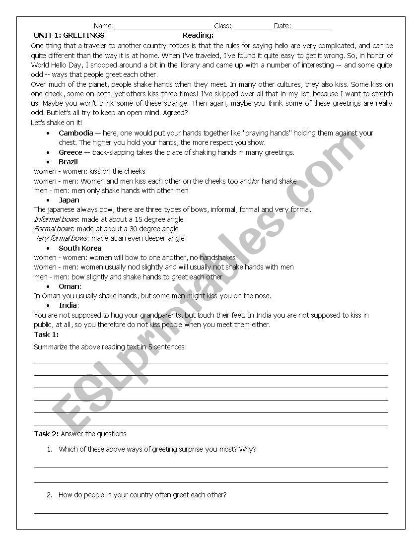 Greetings around the world worksheet