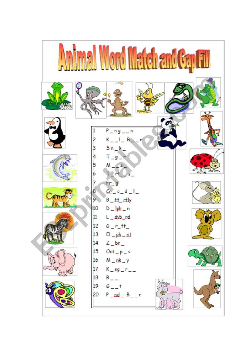 Animal Pictionary - Word Match & Gap Fill