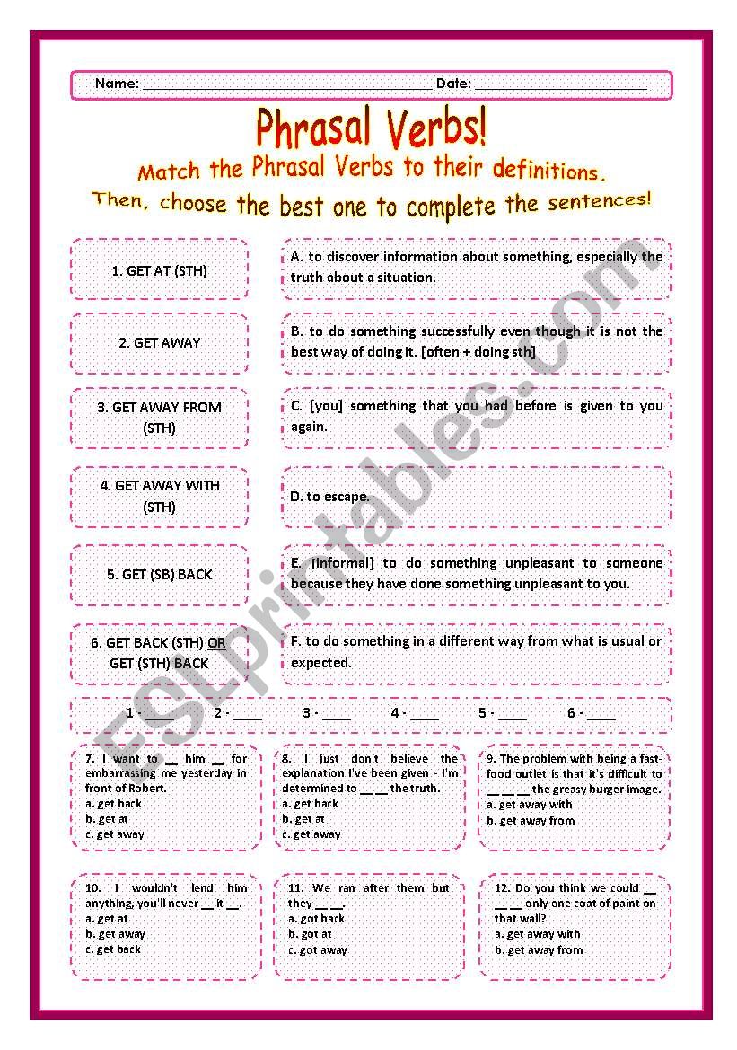 > Phrasal Verbs Practice 41! > --*-- Definitions + Exercise --*-- BW Included --*-- Fully Editable With Key!