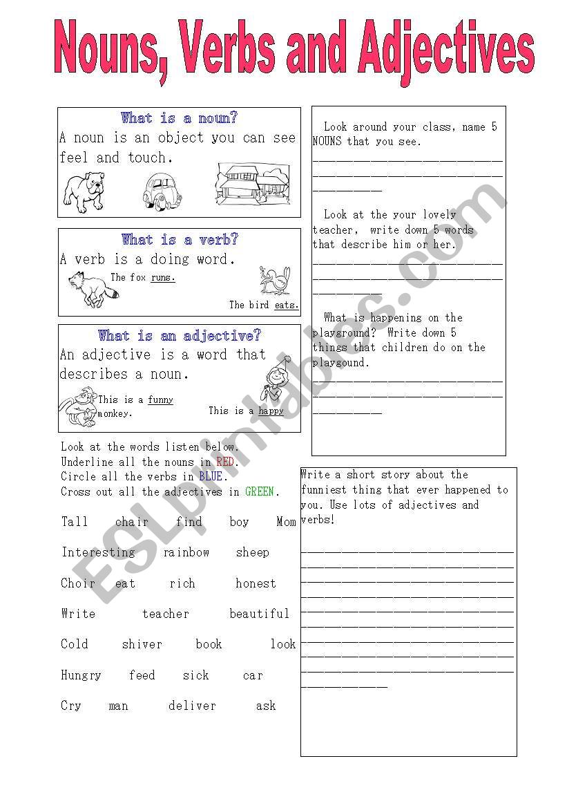 Nouns, Verbs and Adjectives - ESL worksheet by eileenism For Nouns Verbs Adjectives Worksheet
