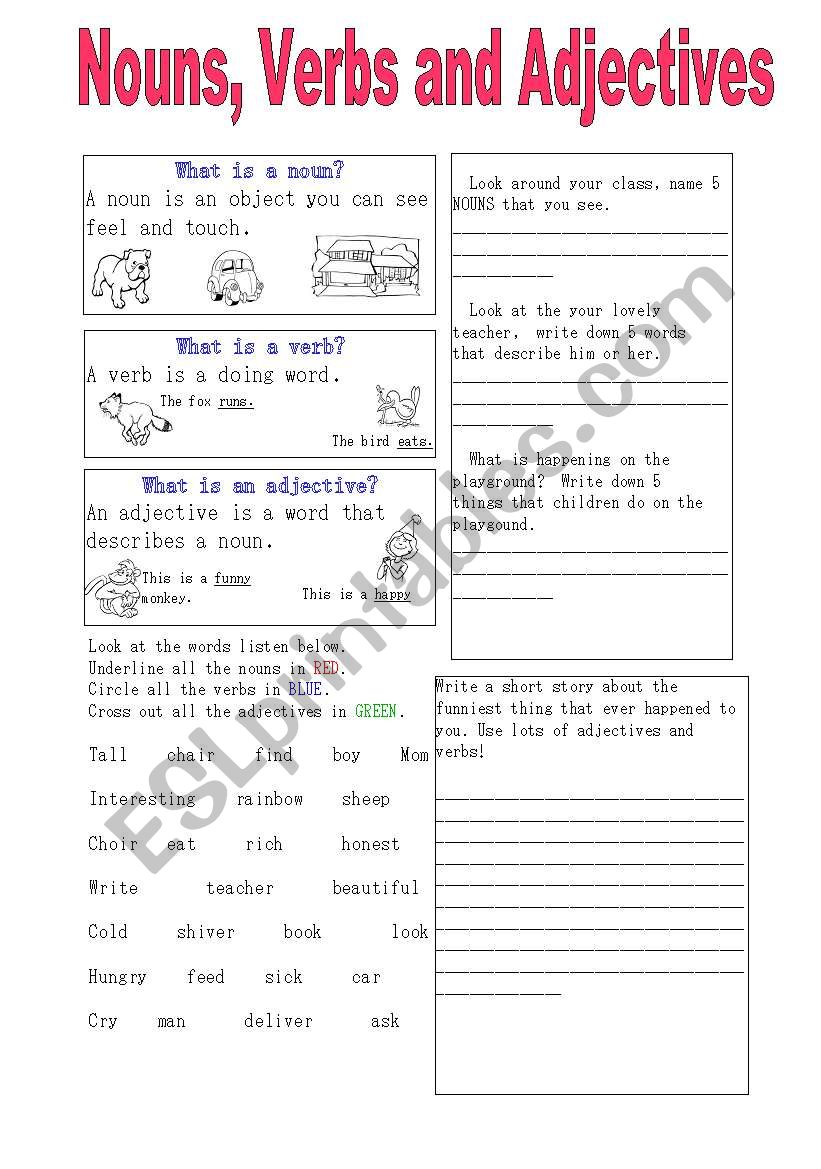 nouns verbs and adjectives esl worksheet by eileenism