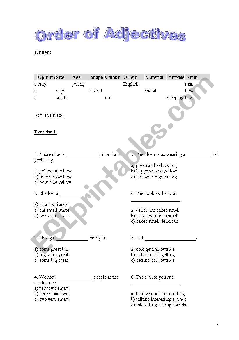 Order of Adjectives. Brief explanation and Activities