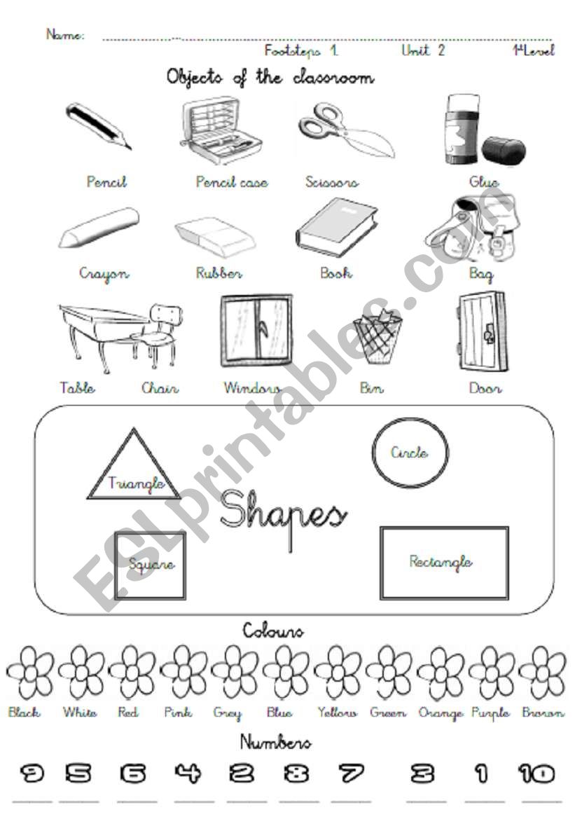 Classroom objects, colours, shapes, numbers