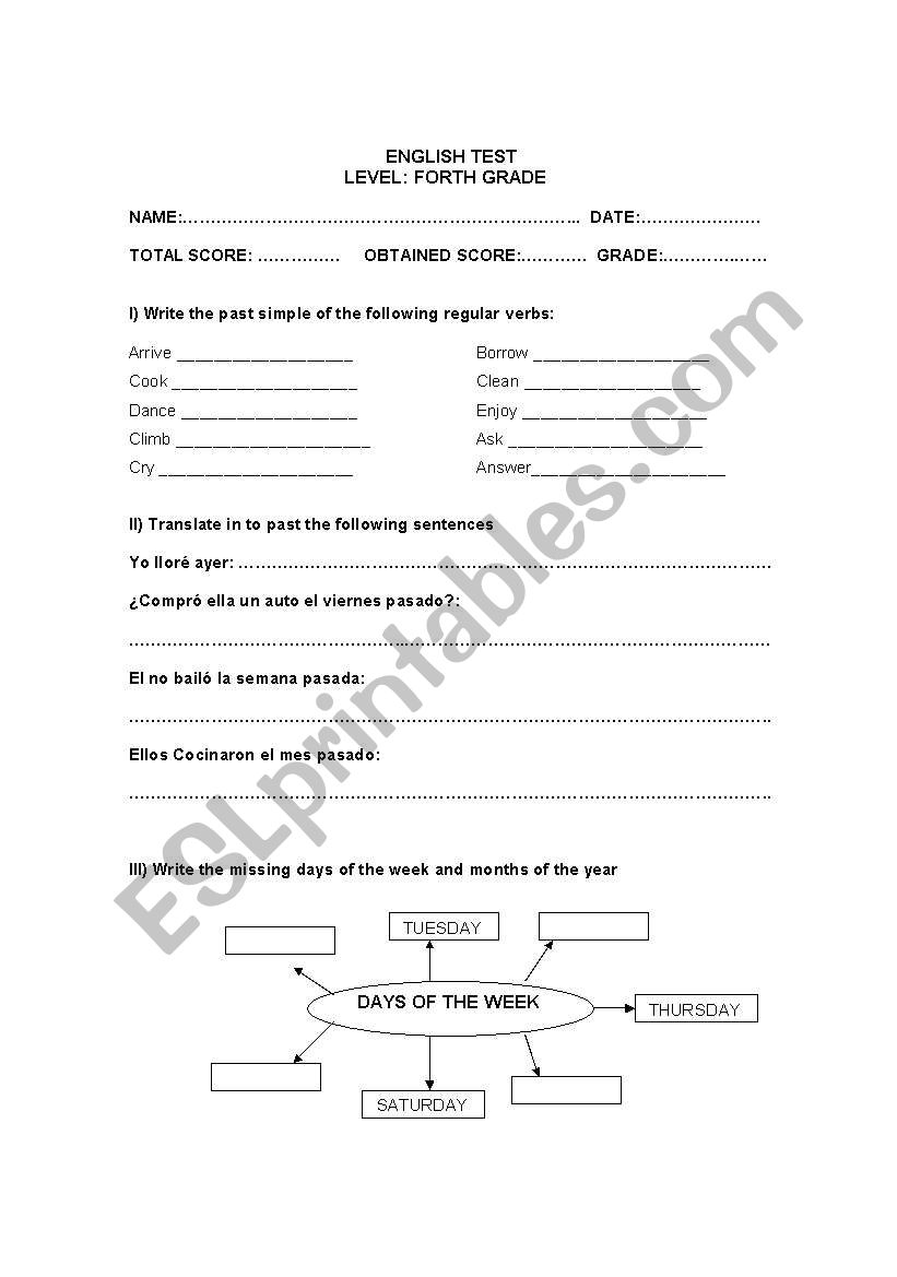 TEST: simple past, regular and irregular verbs and time expressions