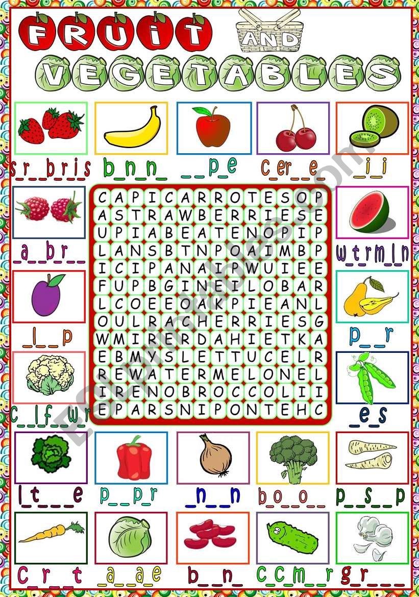 Fruit & Vegetables - WORDSEARCH (B&W included)