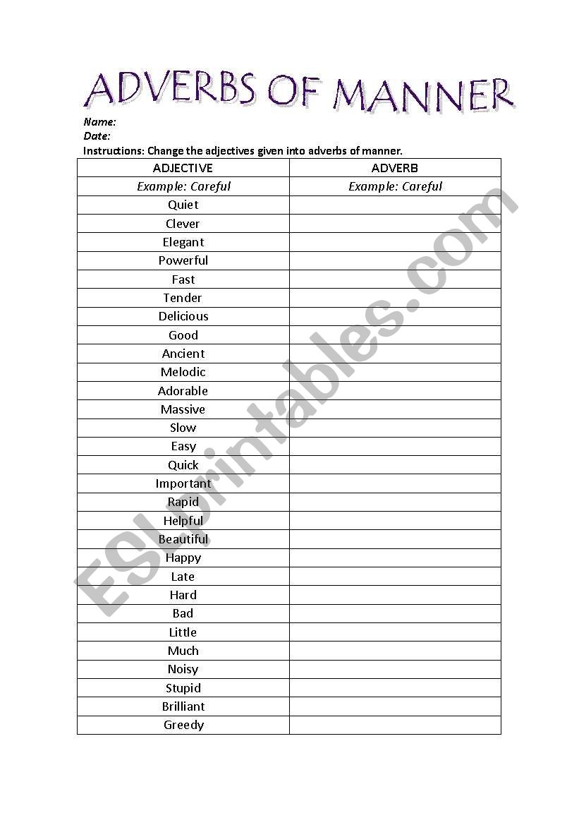 Adjectives to adverbs worksheet