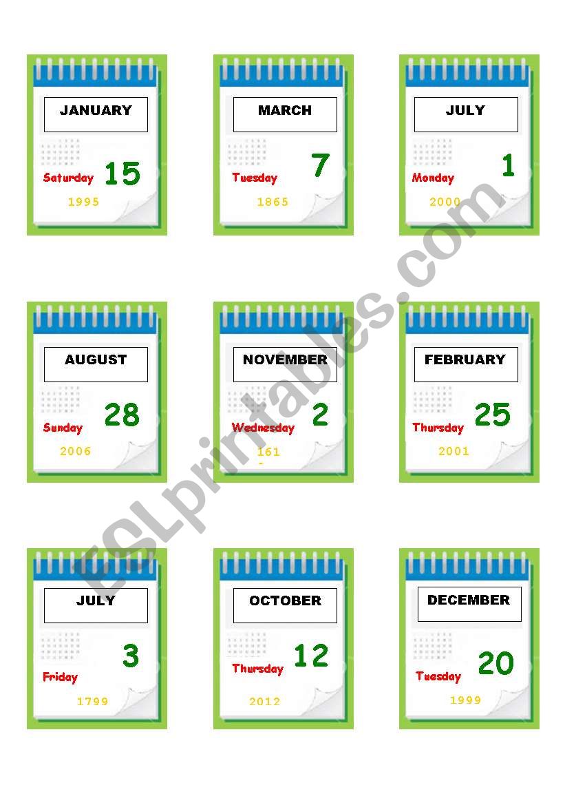 Days of the Week, Months, Years, Dates - Calendar Activity