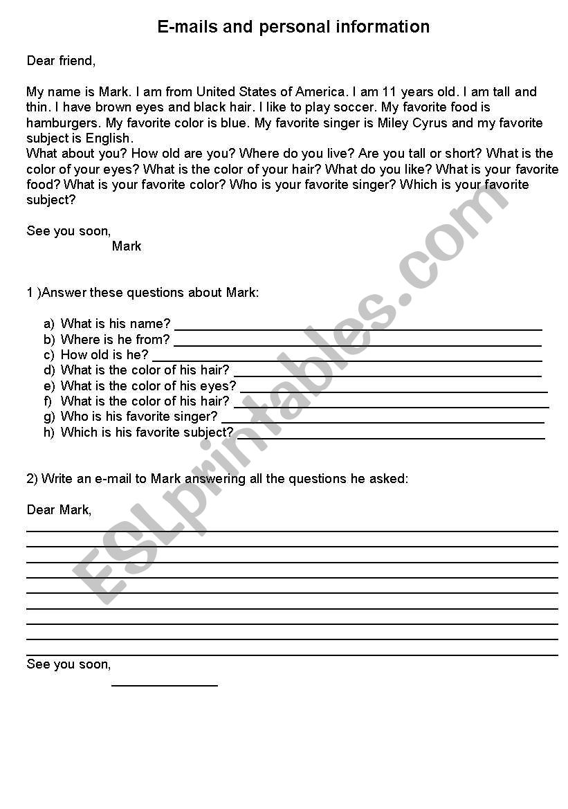 E- mail reading and writing worksheet
