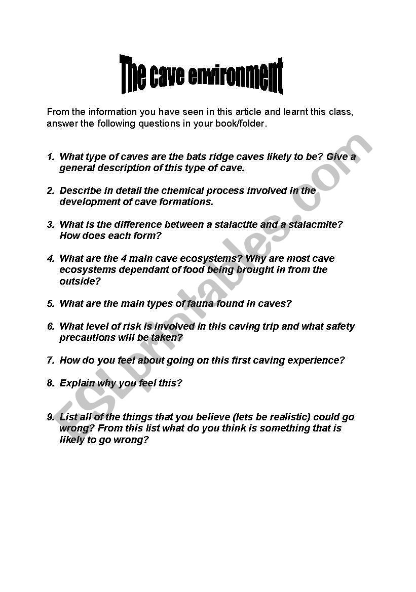 adventure caving questions worksheet