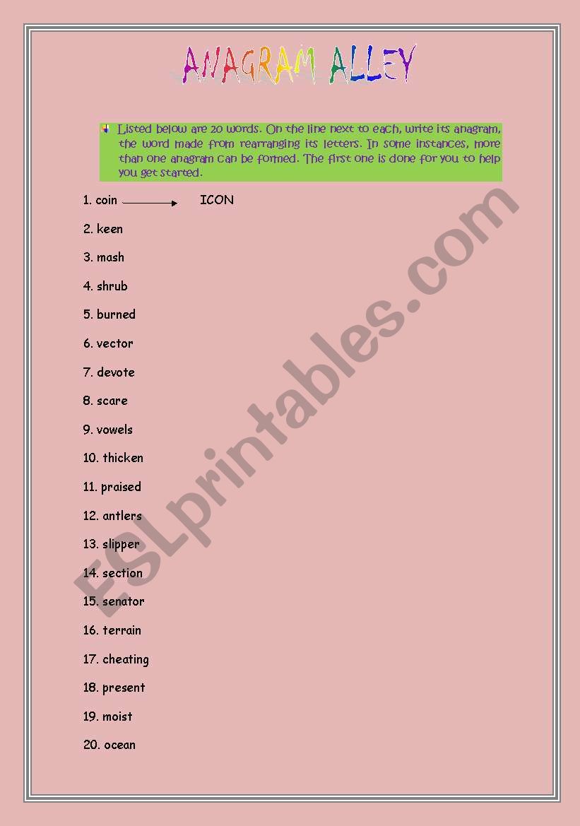 ANAGRAM ALLEY worksheet