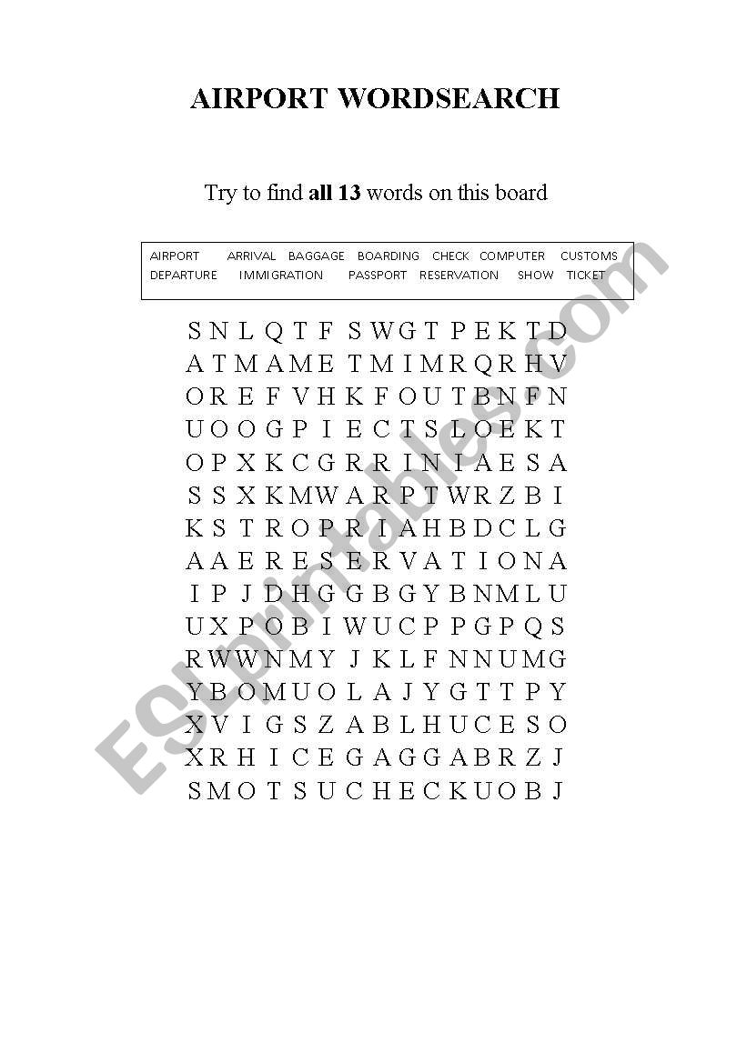 Airport Wordsearch worksheet