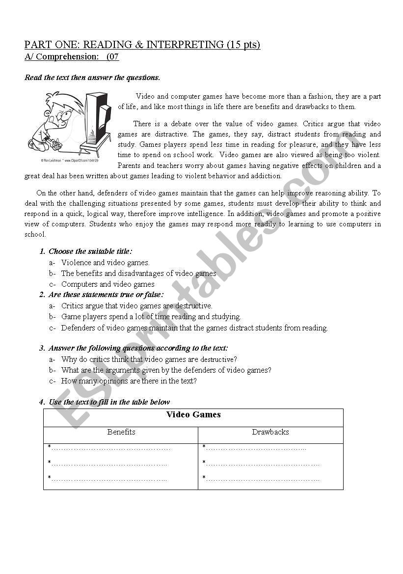 Video games exam worksheet