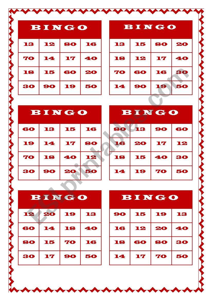 BINGO - NUMBERS (TY-TEEN) worksheet