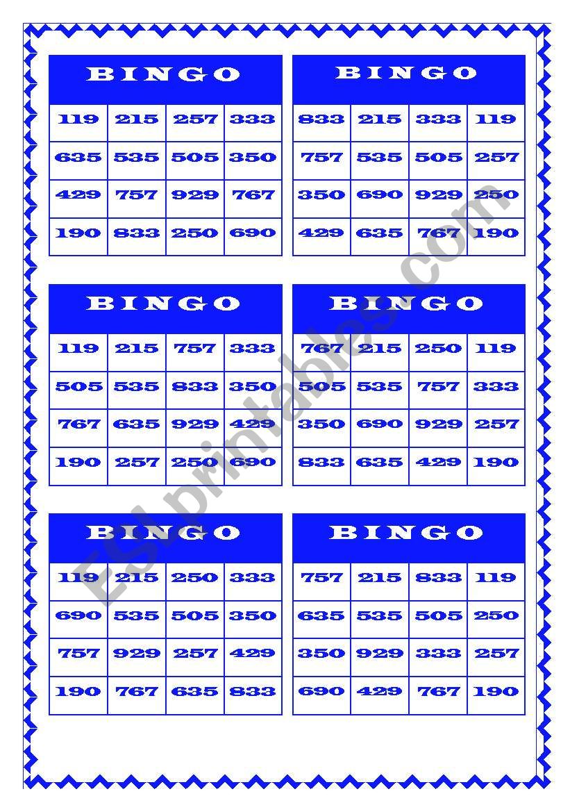 BINGO - NUMBERS (100-1,000) worksheet