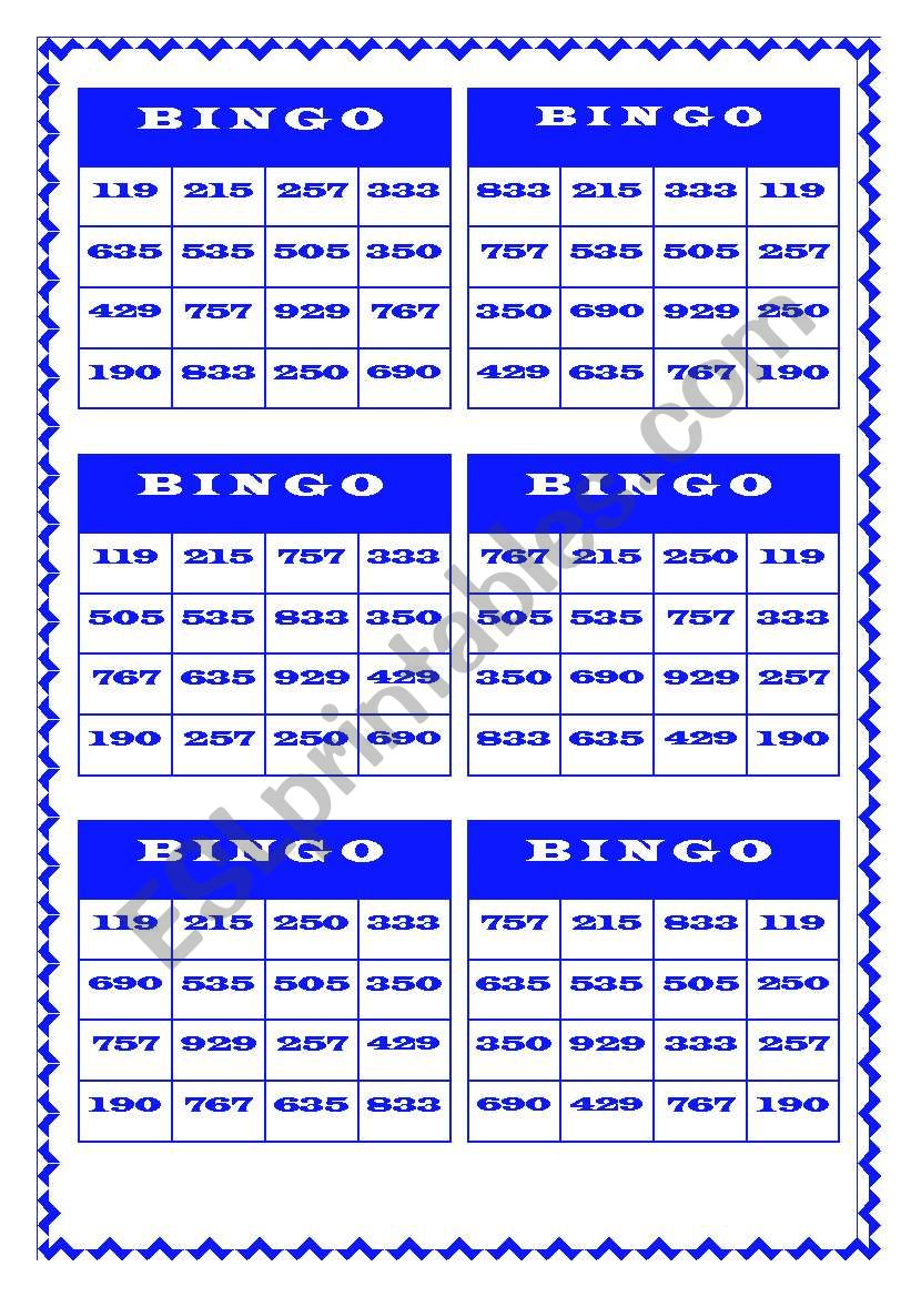 BINGO - NUMBERS (100-1,000) worksheet