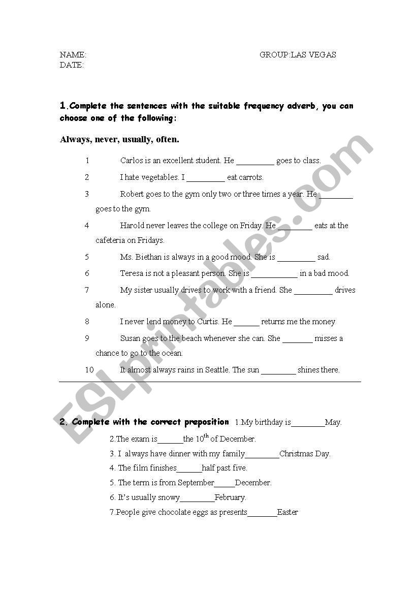 exam on frequency adverbs and connectors