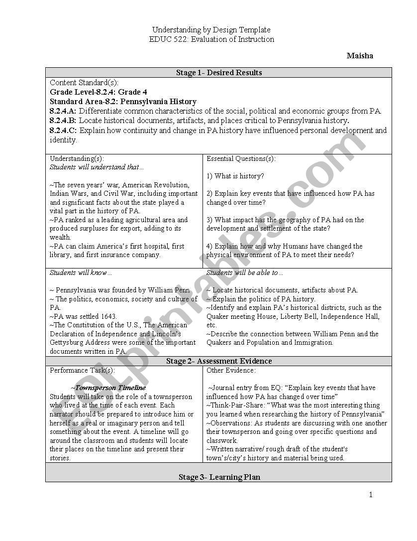Pennsylvania History UBD by Maisha E.