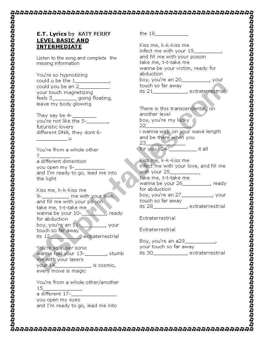 E:T by Katy Perry worksheet