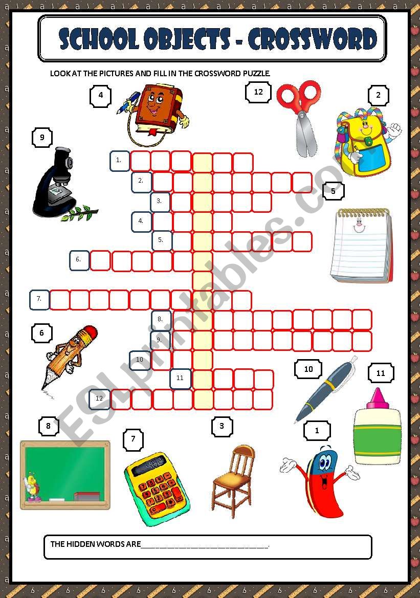 SCHOOL OBJECTS - CROSSWORD + KEY