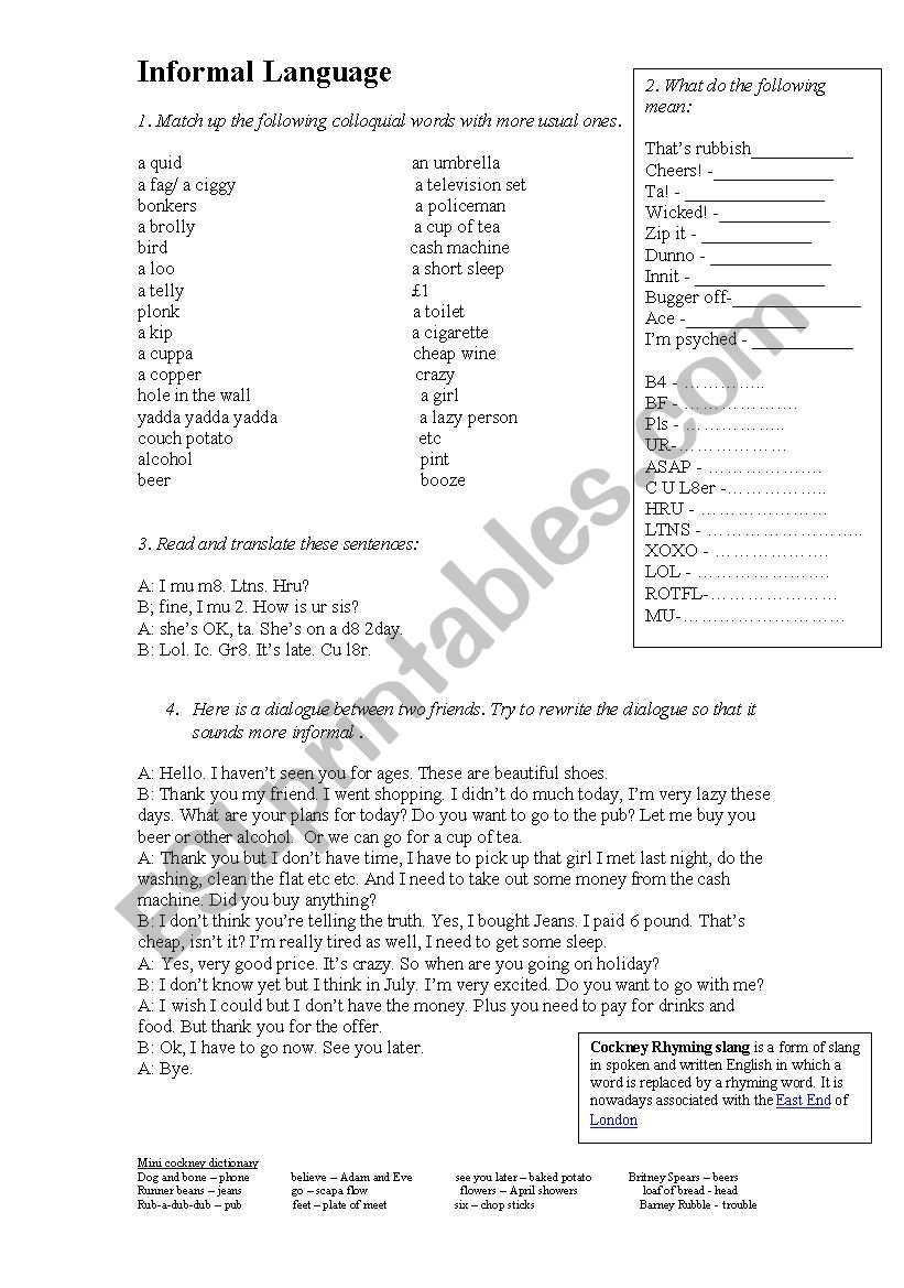 Informal language worksheet