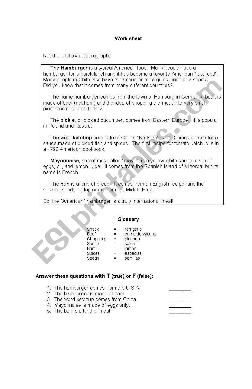 Hamburguers worksheet