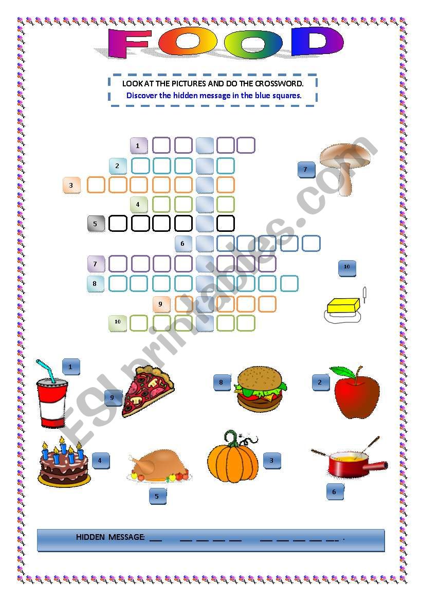 FOOD CROSSWORD AND HIDDEN MESSAGE