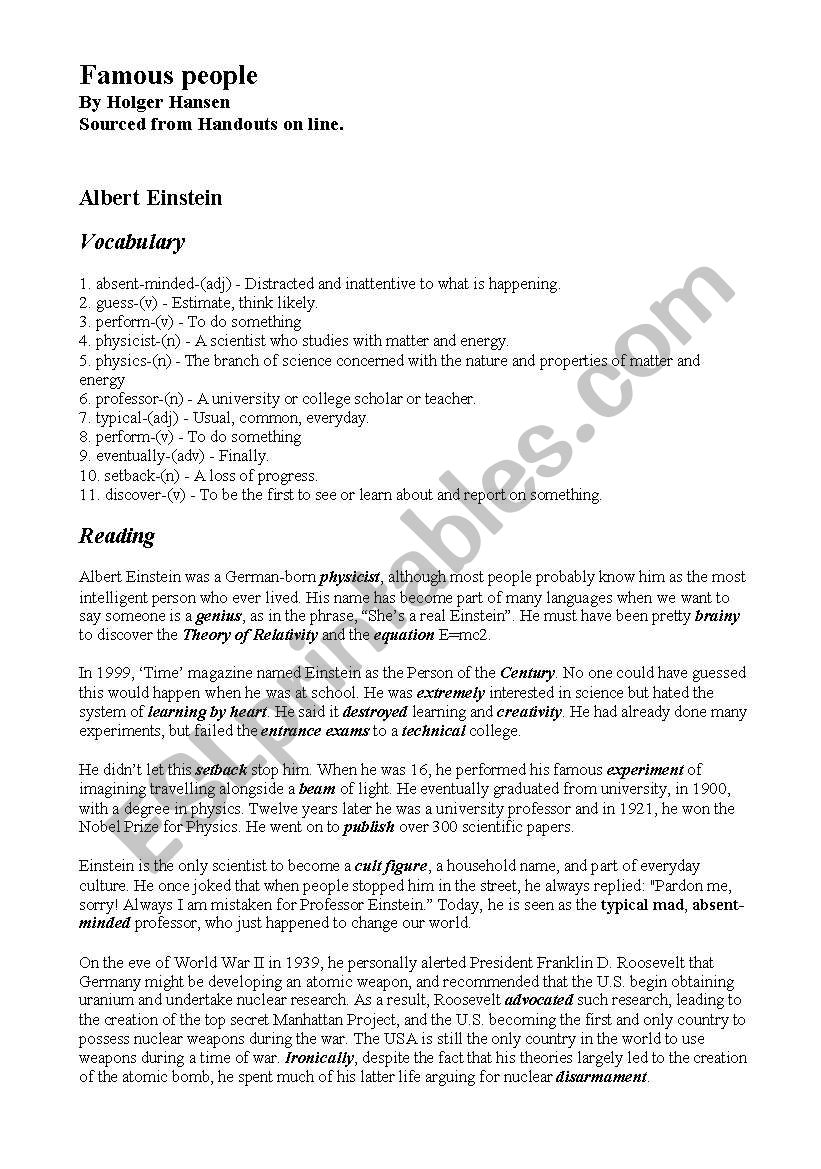 ESL Albert Einstein Lesson worksheet