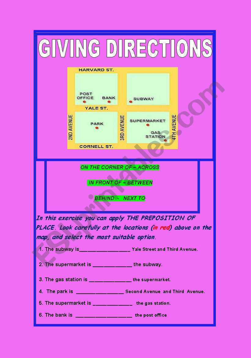 GIVING DIRECTIONS AND PREPOSITIONS OF PLACE WITH KEY INCLUDED