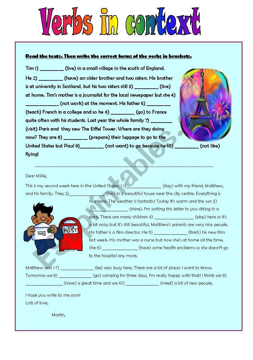  VERBS IN CONTEXT III + KEYS - ELEMENTARY - FULLY EDITABLE